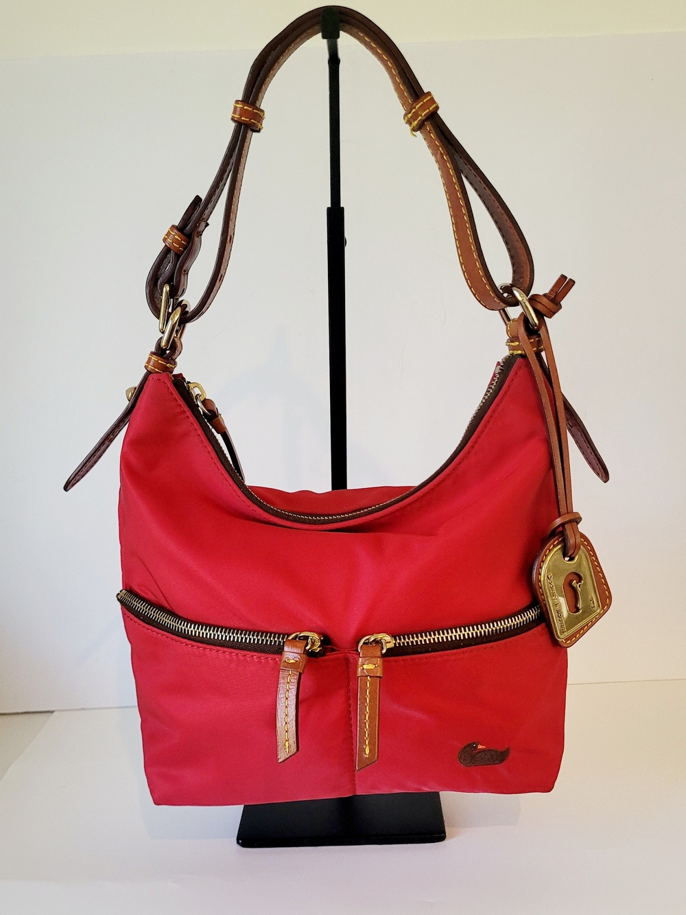 SOLD!!!Dooney & Bourke Vintage Red Nylon Shoulder Bag with Brown Leather Trim